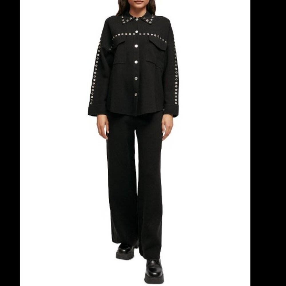 Maje Mimisa Grommet Knit Wool Blend Overshirt Cardigan Black Small